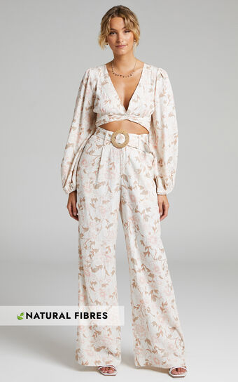 Amalie The Label - Clarette Linen Blend Cotton Belted High Rise Wide Leg Pant in Pink Linear Floral