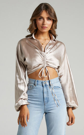 Rio Ruched Front Crop Top with Collar in Champagne Satin