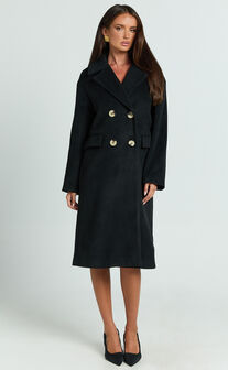 Libee Coat - Double Breasted Longline Coat in Black