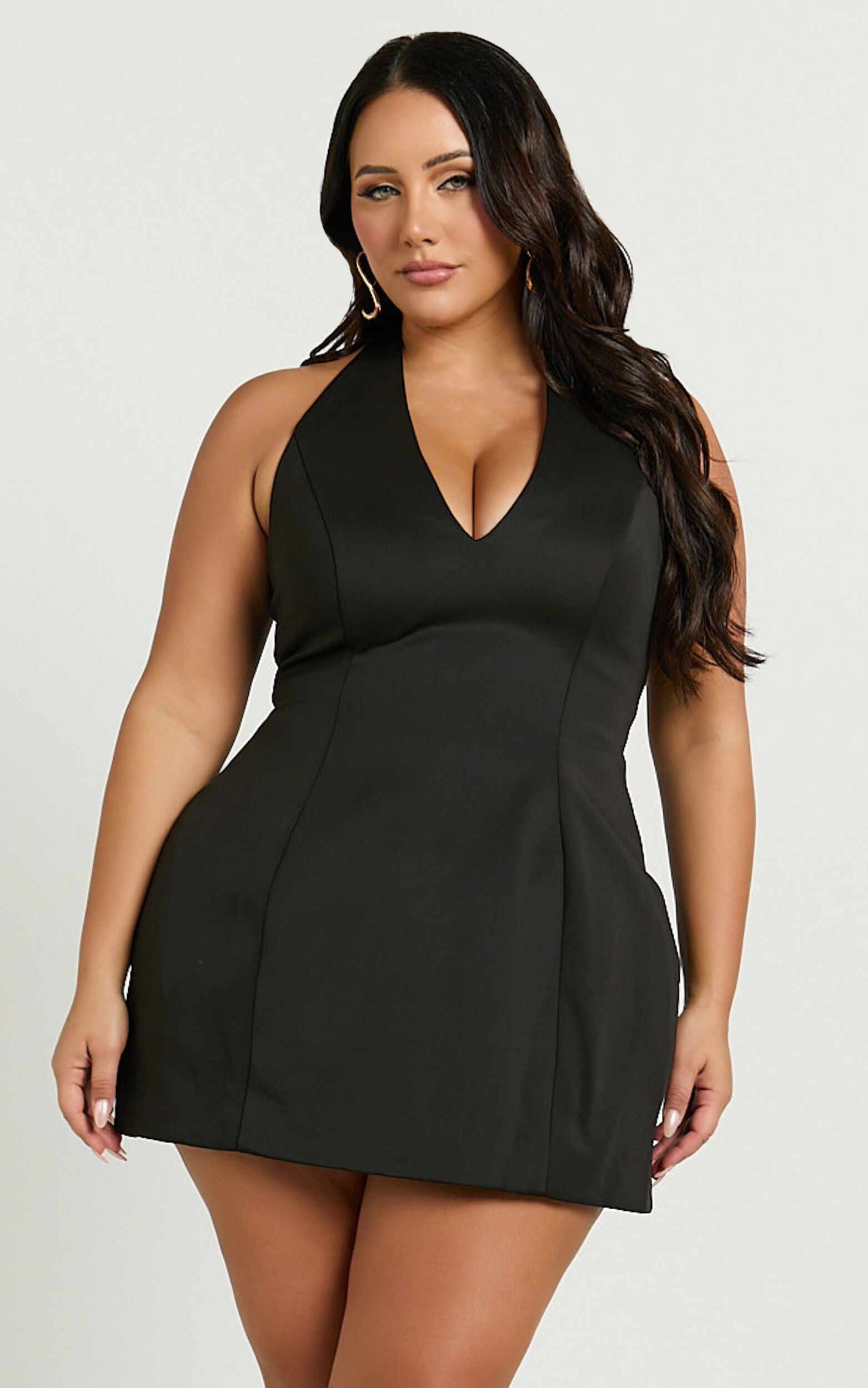 Gaia Mini Dress - Plunge Halter Fit and Flare Dress in Black | Showpo USA