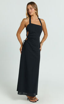 Myra Maxi Dress - Halter Ruched Side Dress in Black