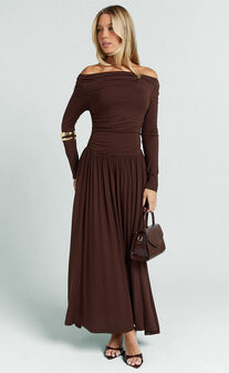 Antonia Maxi Dress - Off The Shoulder Long Sleeve Dress in Brown