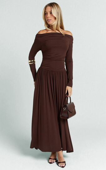 Antonia Maxi Dress - Off The Shoulder Long Sleeve Dress in Brown