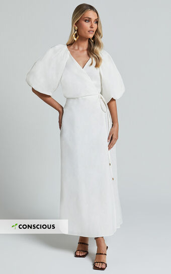 Amalie The Label - Santana Linen Blend Puff Sleeve Wrap Midi Dress in White Amalie the Label