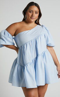 Harleen Mini Dress - Linen Asymmetrical Trim Puff Sleeve Dress in Light Blue