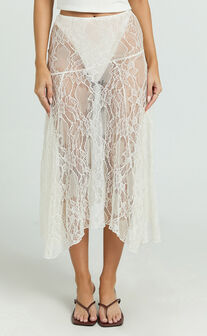 Lioness - In Bloom Lace Midi Skirt in Ivory