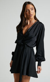 Laura Mini Dress - Long Sleeve V Neck Wrap Dress in Black