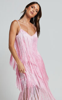 Cherika Midi Dress - Zag Fringe Dress in Frost Pink