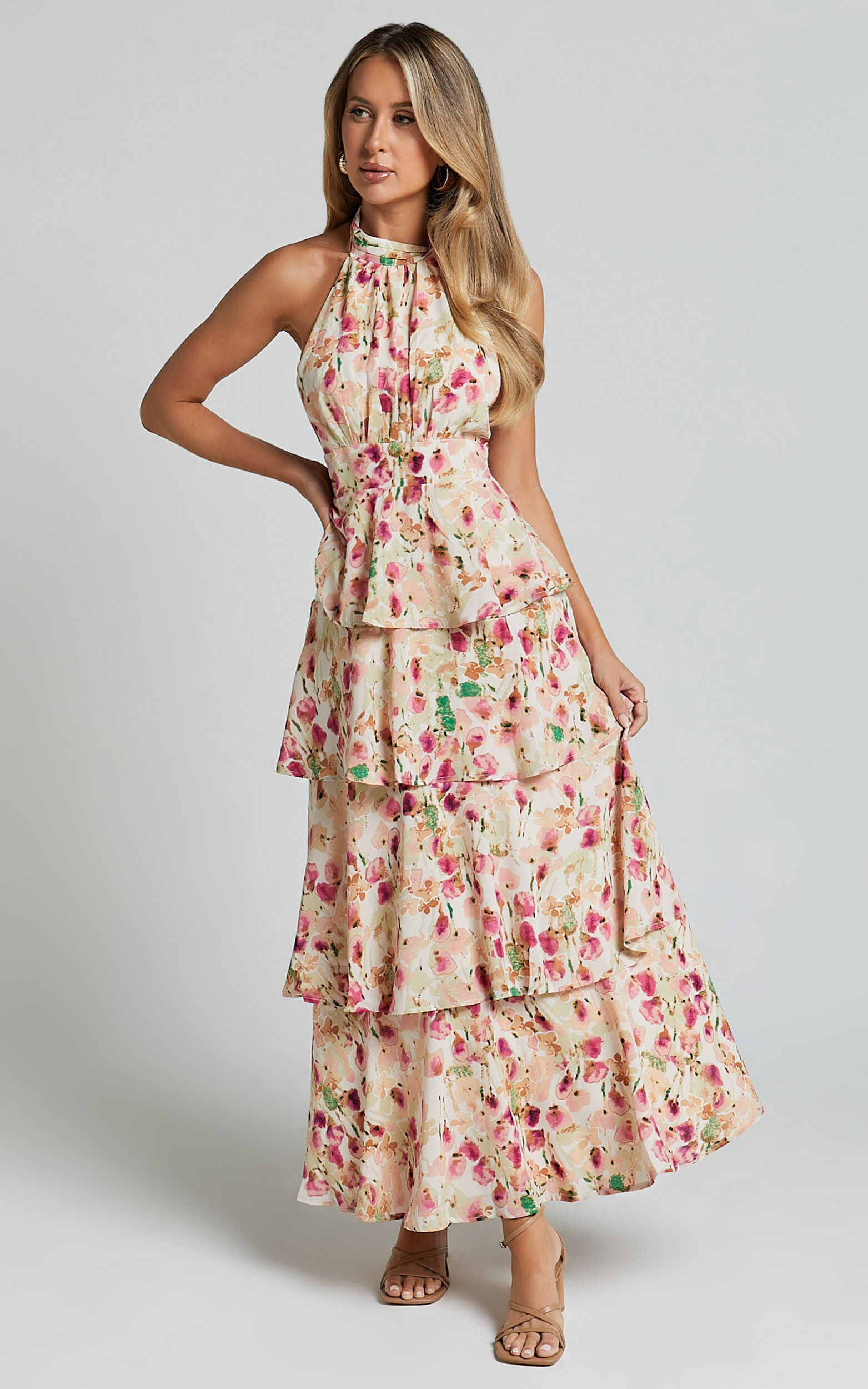 Cece Midi Dress - Halter Neck Layered Dress in Pink Floral