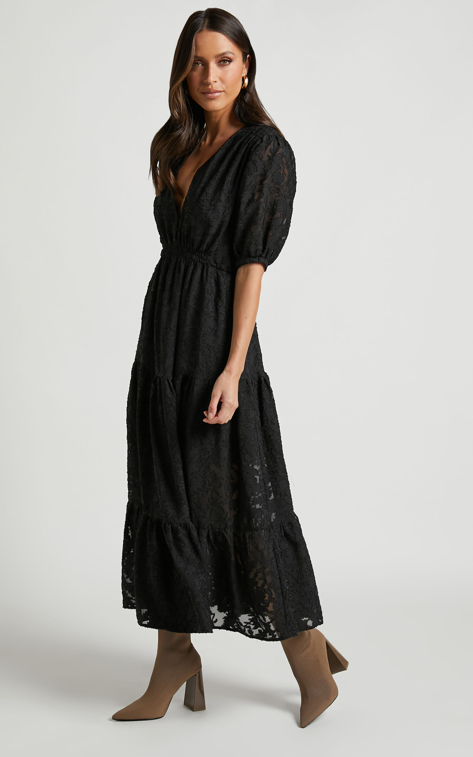 Elpina Midi Dress - Button Through Tiered Shirt Dress in Black | Showpo USA
