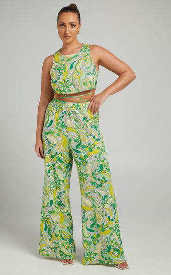 Hensely Two Piece Set - Linen Look Crop Top and Wide Leg Pants in California Dreamin