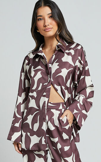 Janissa Shirt - Long Sleeve Satin Shirt in Brown Floral