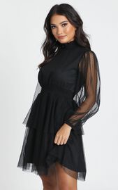 Selene Tiered Mesh Mini Dress In Black Spot | Showpo USA