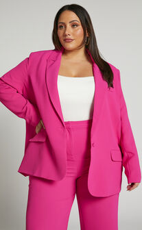 Michelle Blazer - Oversized Plunge Neck Button Up Blazer in Pink