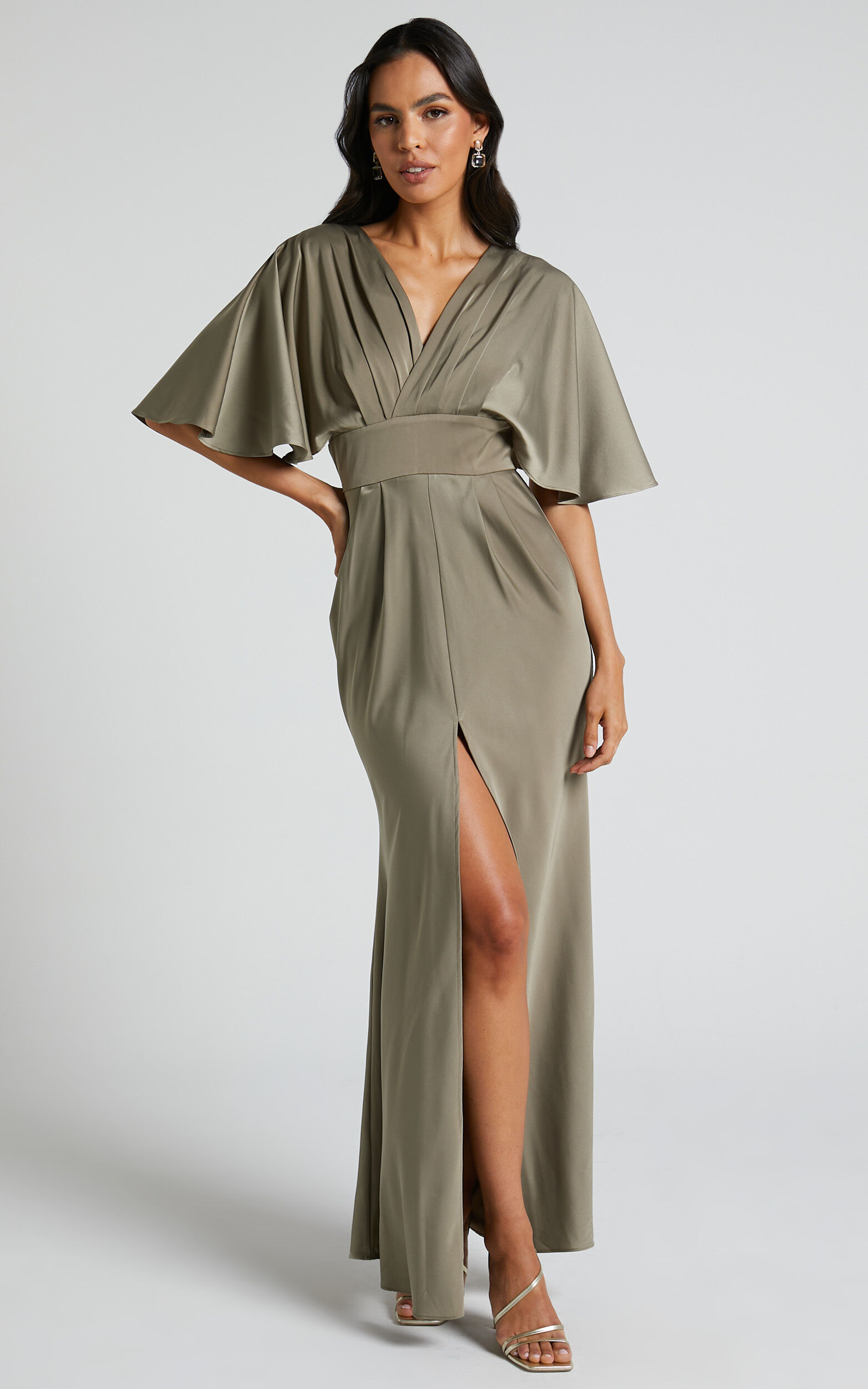 Gemalyn Midi Dress - Angel Sleeve V Neck Split Dress in Olive - 04, GRN1