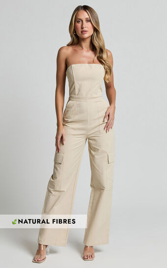 Nellia Jumpsuit - Strapless Straight Leg Cargo Jumpsuit in Stone