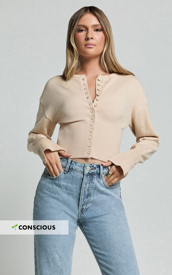 Ramsey Cardigan - Recycled Contoured Waist Button Down Cardigan in Cream