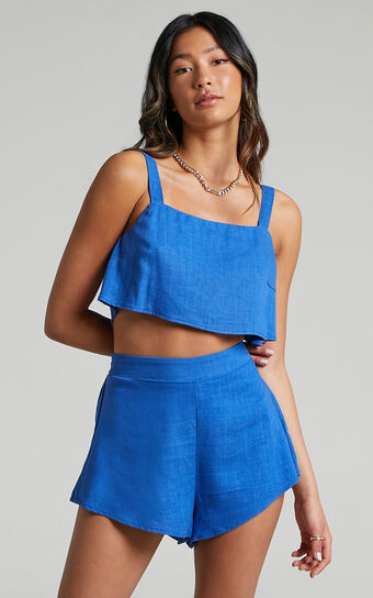 Zanrie Two Piece Set - Linen Look Square Neck Crop Top and High Waist Mini Flare Shorts Set in Cobalt