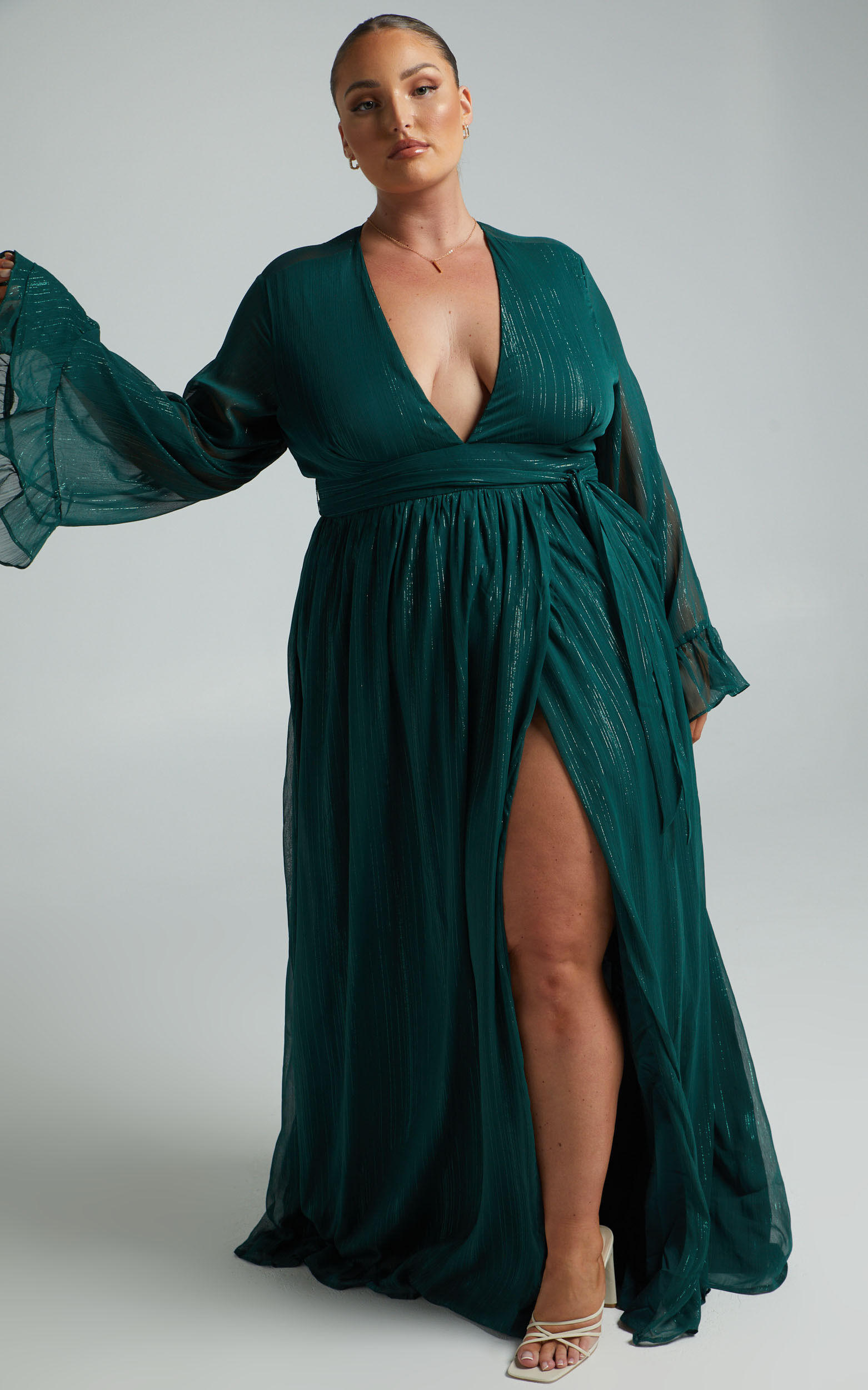 Dangerous Woman Maxi Dress Plunge Thigh Split Dress in Emerald