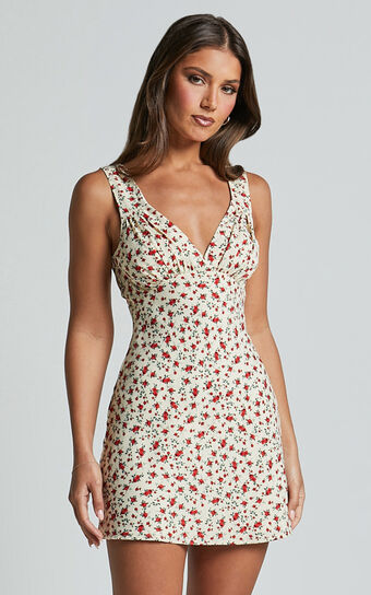 Amalea Mini Dress - Wide Strap Ruched Bust Dress in Red Floral