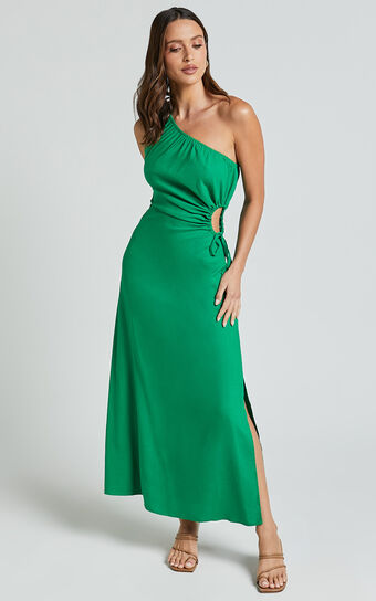 Kari Midi Linen Blend Dress - One Shoulder Slip Dress in Green