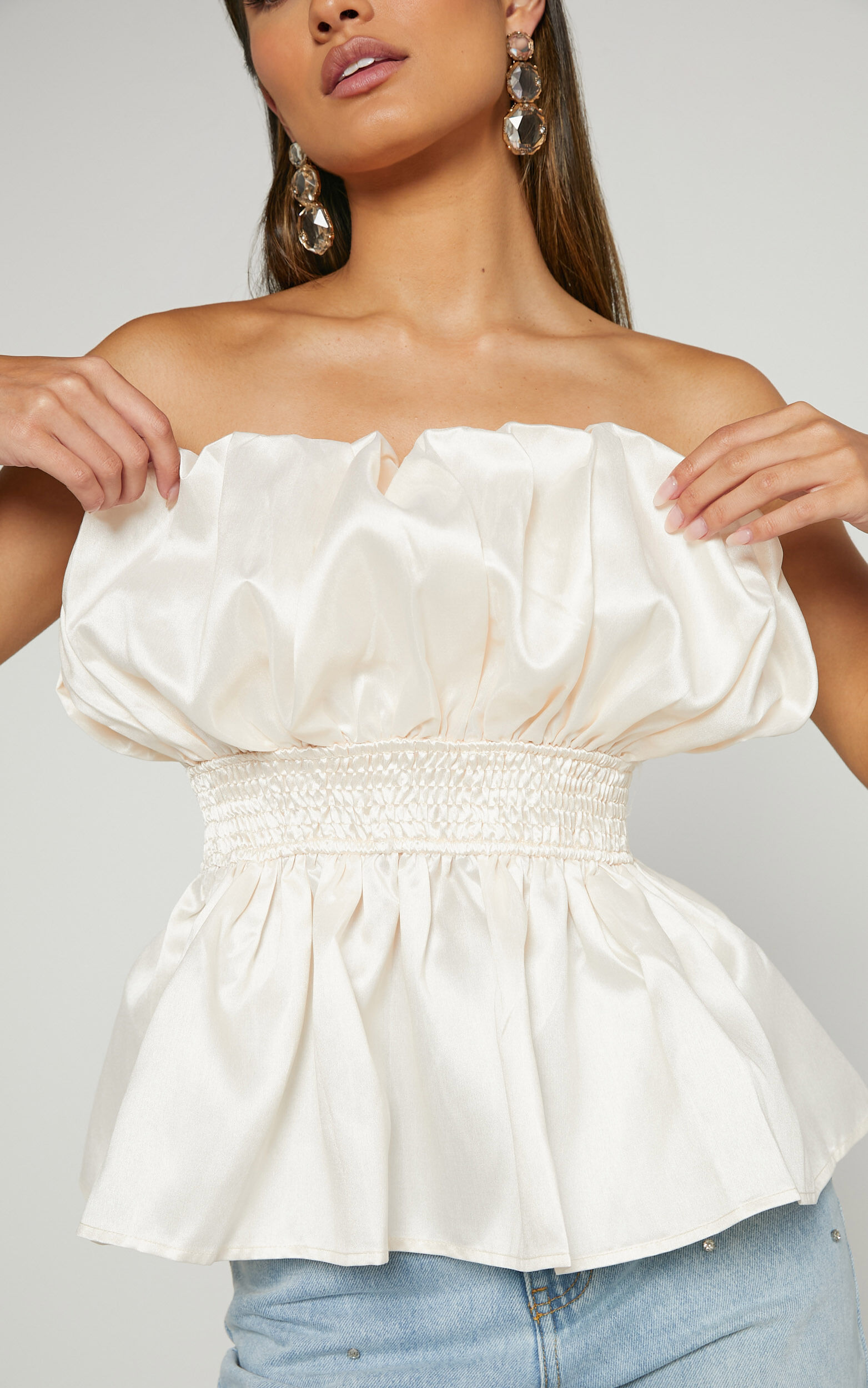 Alessia Top Strapless Bubble Peplum Top in Cream Showpo USA