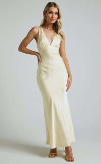 Khalani Midi Dress - Deep V Neck Satin Slip Dress in Butter Yellow