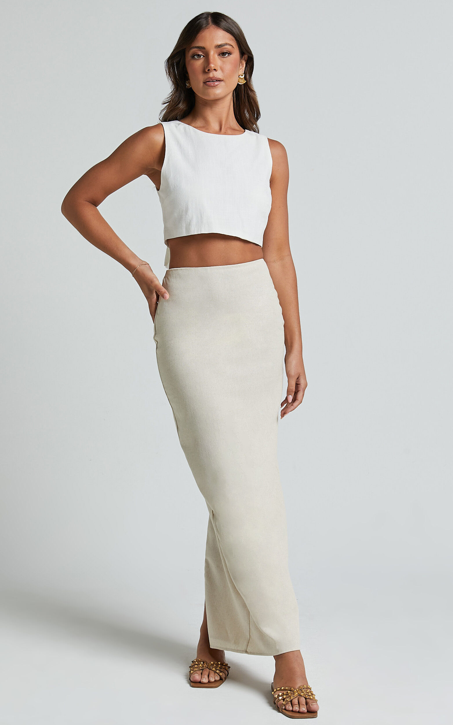 Vance Maxi Skirt - Linen Look Back Split Skirt in Oat - 06, NEU1