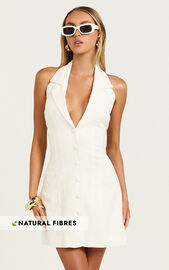 Sammie Mini Dress - Backless Halter Neck Linen Look Dress in Off White | Showpo USA