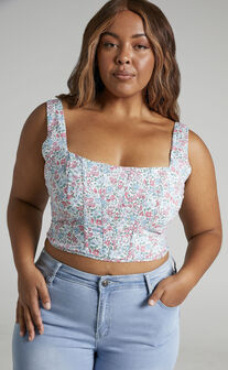 Keriana Top - Square Neck Cropped Corset in Purple Pink Floral