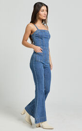 Joey Jumpsuit - Panelled Cami Flared Bottom Denim Jumpsuit in Dark Blue ...