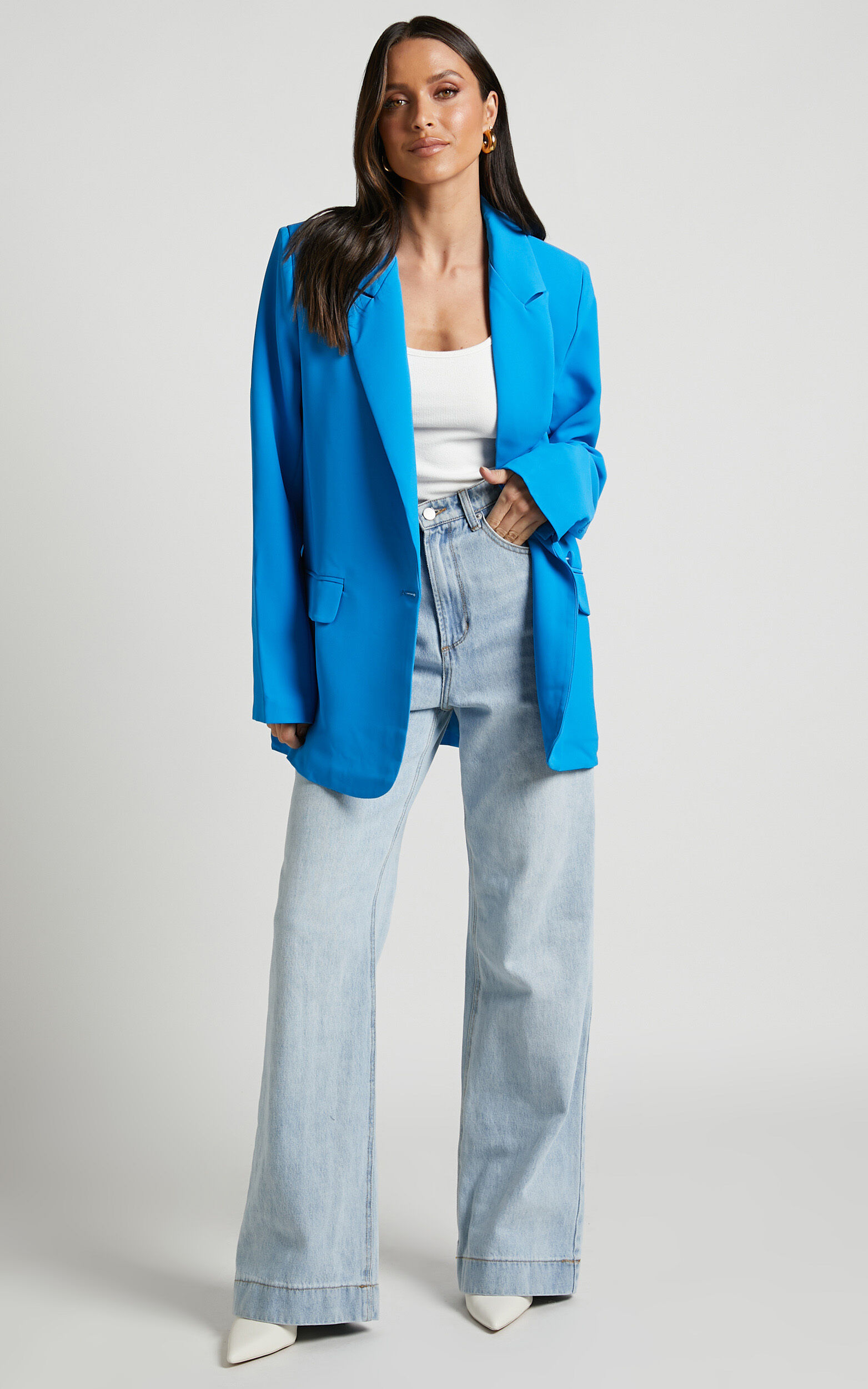 Michelle Blazer Oversized Plunge Neck Button Up Blazer in Blue