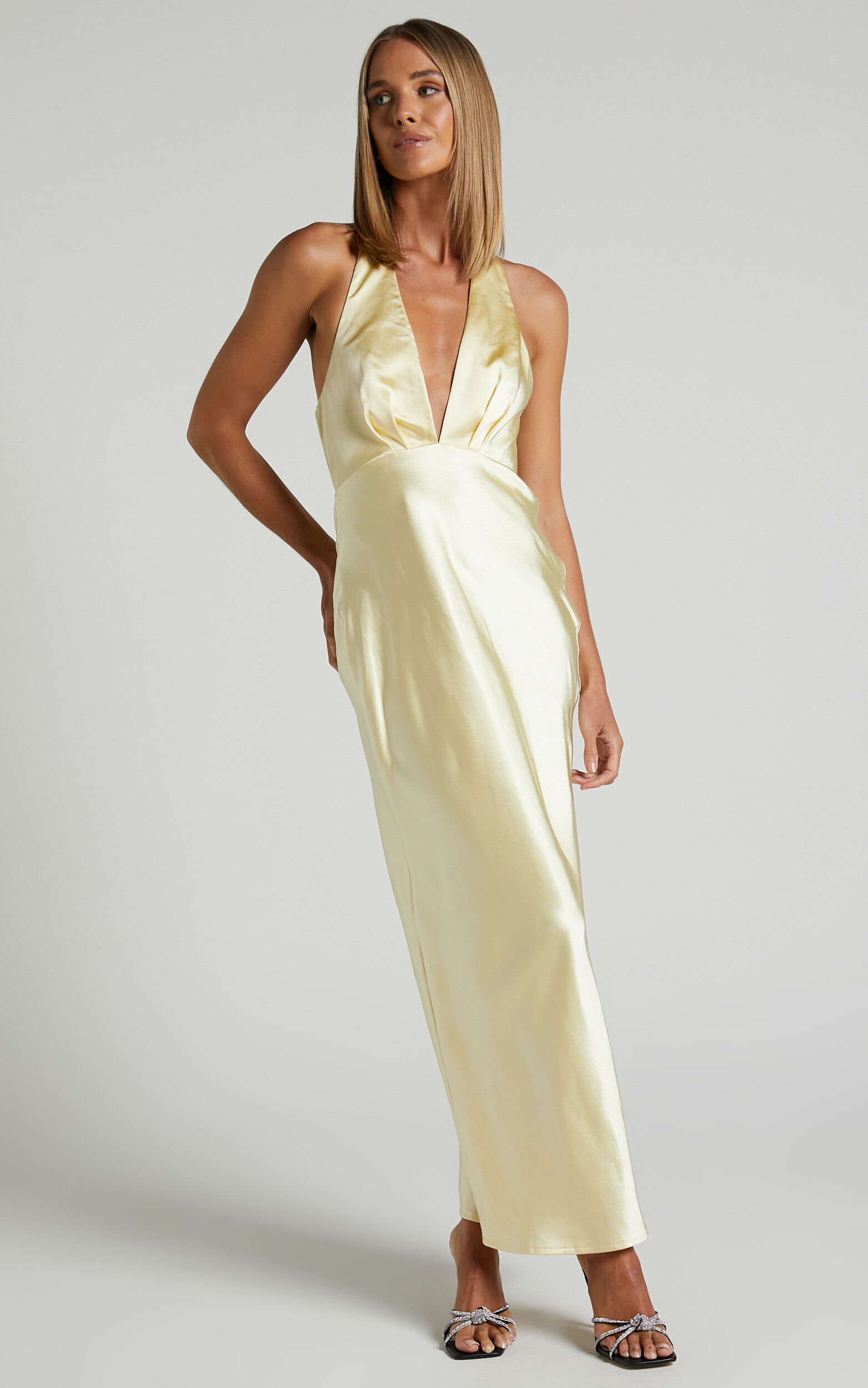 【オープニング大セール】 Maxi Prima Dress Yellow Butter in Dress Satin Plunge - ワンピース