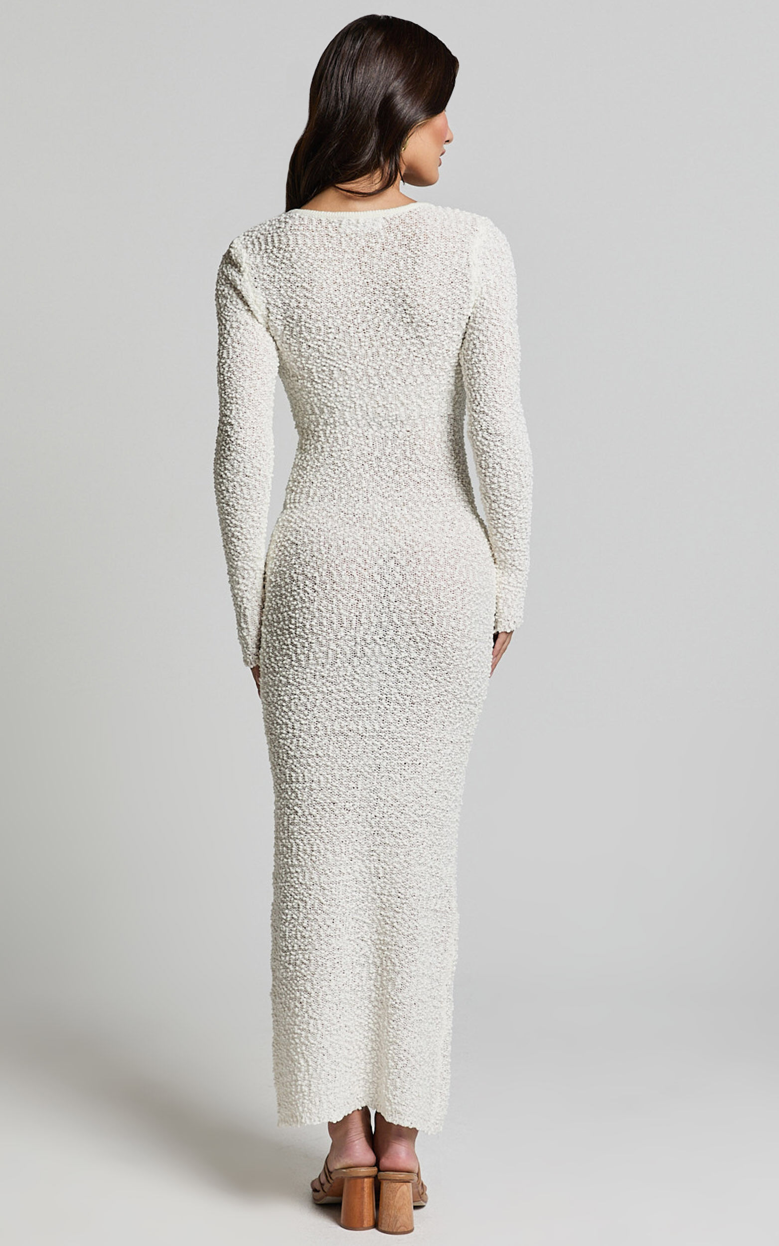 Freya Midi Dress - Scoop Neck Long Sleeve Boucle Knit Dress