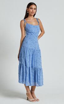 Francesca Midi Dress - Tie Shoulder Tiered Embroided Dress in Cornflower Blue