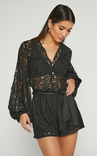 Oscar Playsuit - Lace Long Sleeve V Neck in Black