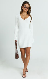 Carissa Mini Dress - V Neck Long Sleeve Knit Dress in White