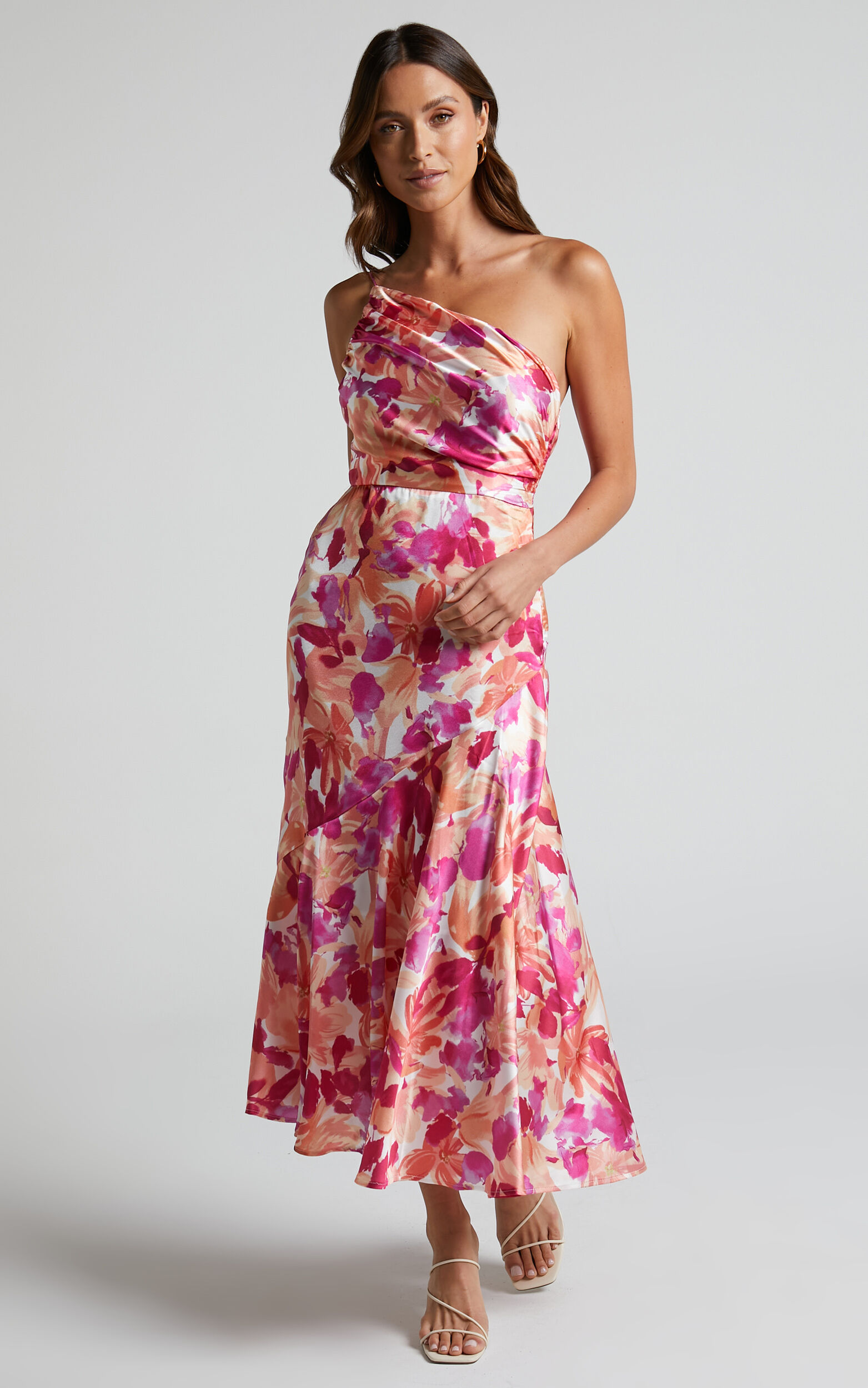 Alyssia Midi Dress - One Shoulder Ruched Satin Dress in Pink Floral ...