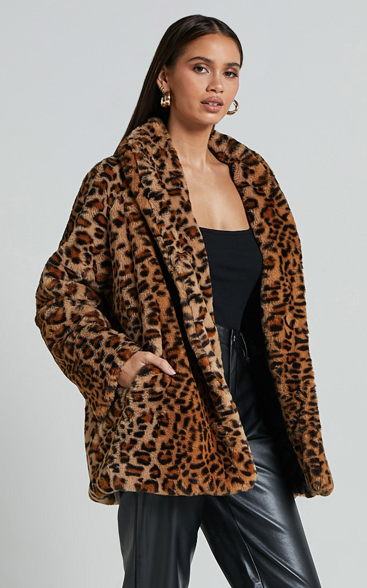 Jocelyn Coat Faux Fur Animal Print Coat in Leopard