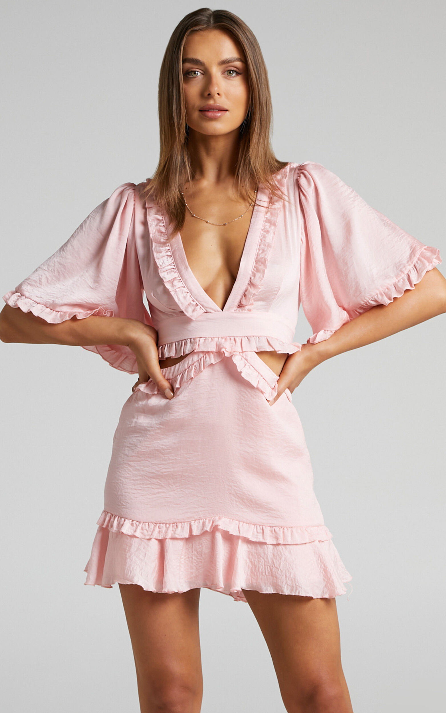 Maricris Mini Dress - Open Back Bell Sleeve Frill Dress in Dusty Pink - 06, PNK1