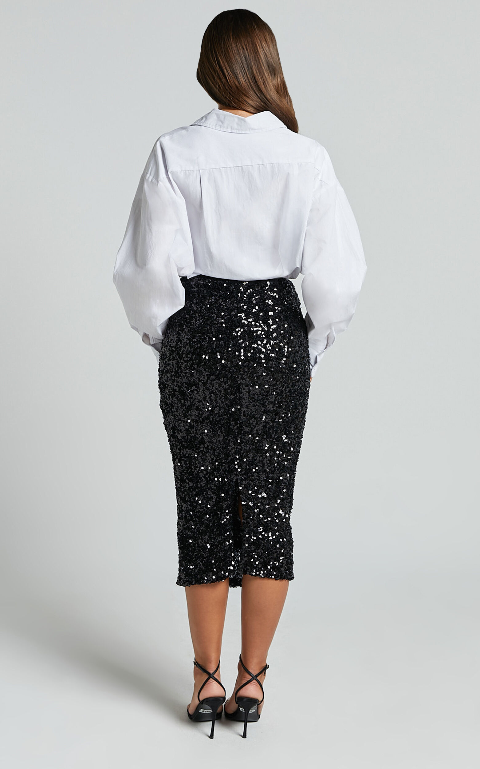 Hasley Midi Skirt Sequin Bodycon Skirt in Black
