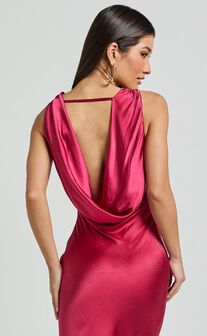 Geri Midi Dress - Cowl Neck Low Back Satin Dress in Berry