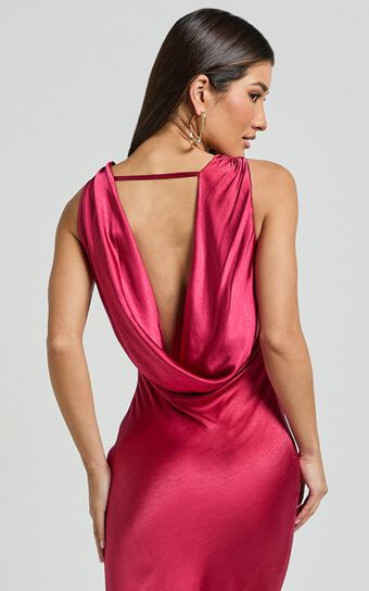 Geri Midi Dress - Cowl Neck Low Back Satin Dress in Berry