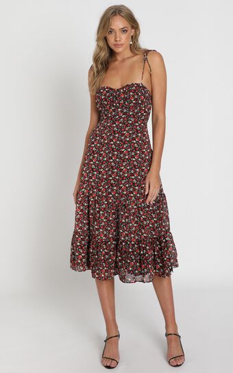 Monaco Sweetheart Midi Dress in Black Floral