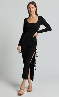 Harlow Midi Dress - Crew Neck Long Sleeve Ruched Side Split Dress in Black