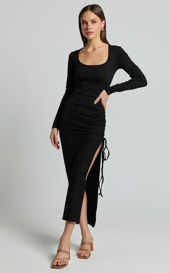 Harlow Midi Dress - Crew Neck Long Sleeve Ruched Side Split Dress in Black