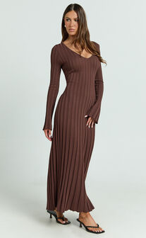 Astra Maxi Dress - V Neck Long Sleeve Knit Dress in Chocolate