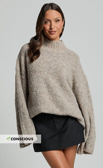 Santi Jumper - Oversized Recycled Knitted High Neck Jumper in Beige Marl