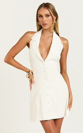 Sammie Mini Dress - Backless Halter Neck Linen Look Dress in Off White | Showpo USA
