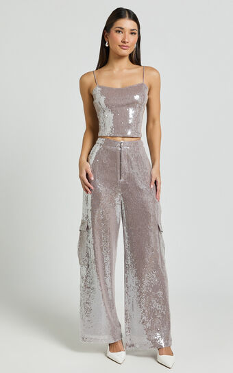 Tricia Pants - Mid Waist Cargo Pocket Sequin Pants in Grey